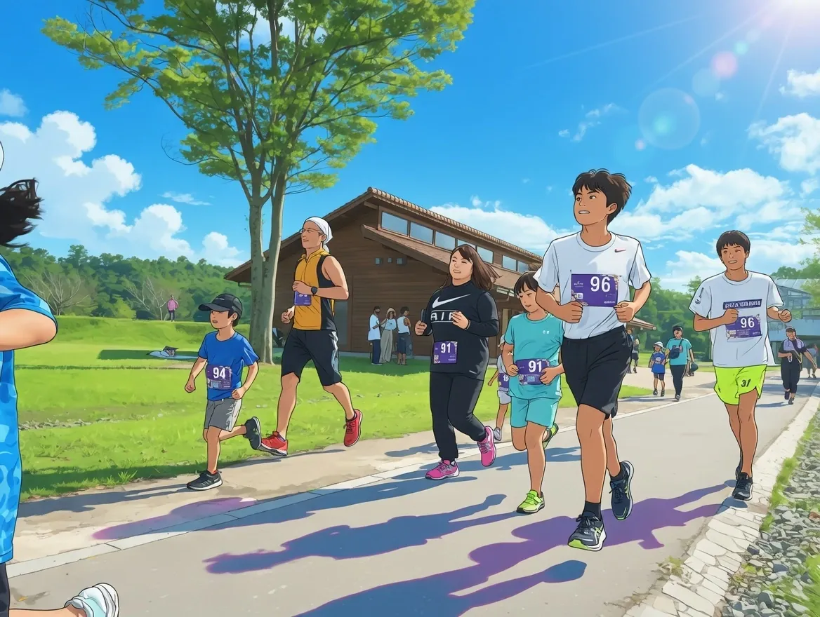 フラワーセンター園内を走る親子やランナーたち