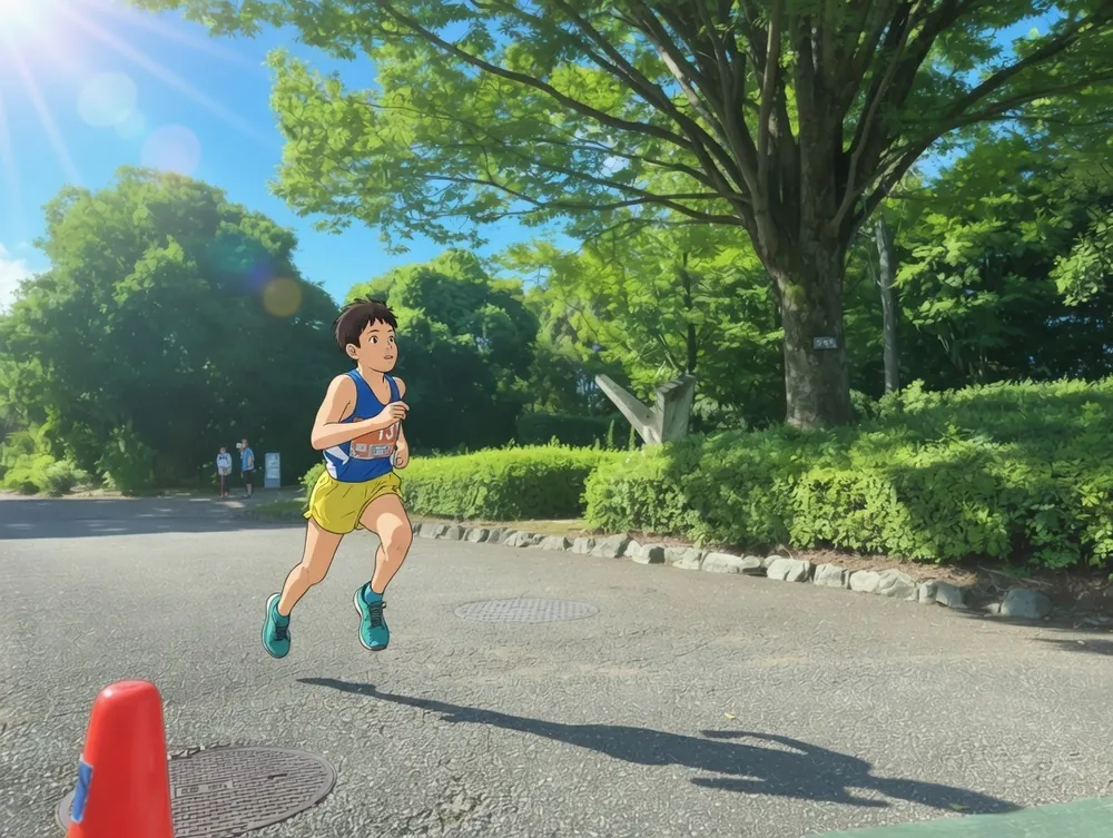 緑の中を走る小学生ランナー
